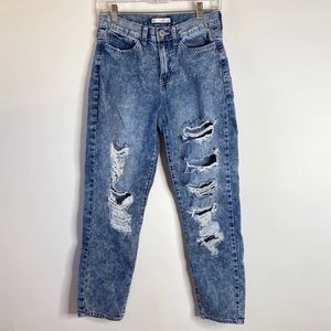 SO Juniors High Rise Mom Jeans Sz 3 Acid Wash Blue Distressed Denim Stretch